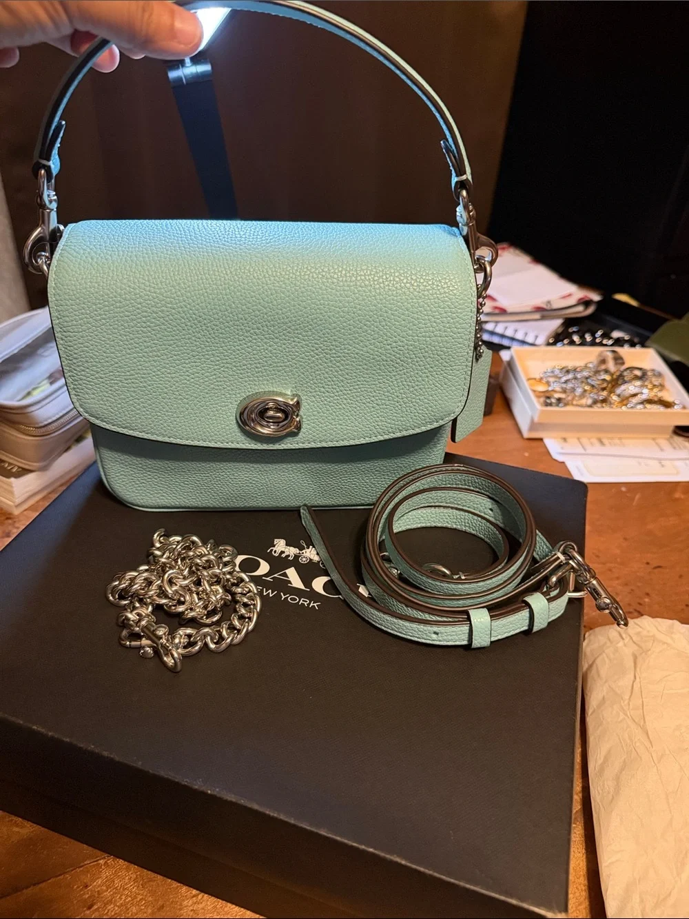 Never used!!!!Coach Pebble Leather Turnlock Crossbody Bag - Mint Green